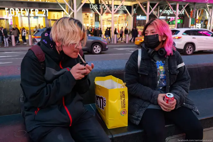 teens smoking in Times Square